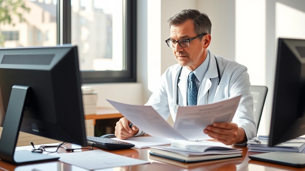 Healthcare professional at desk reviewing financial documents and retirement planning materials, natural lighting through office window, organized workspace with calculator and documents, thoughtful professional expression