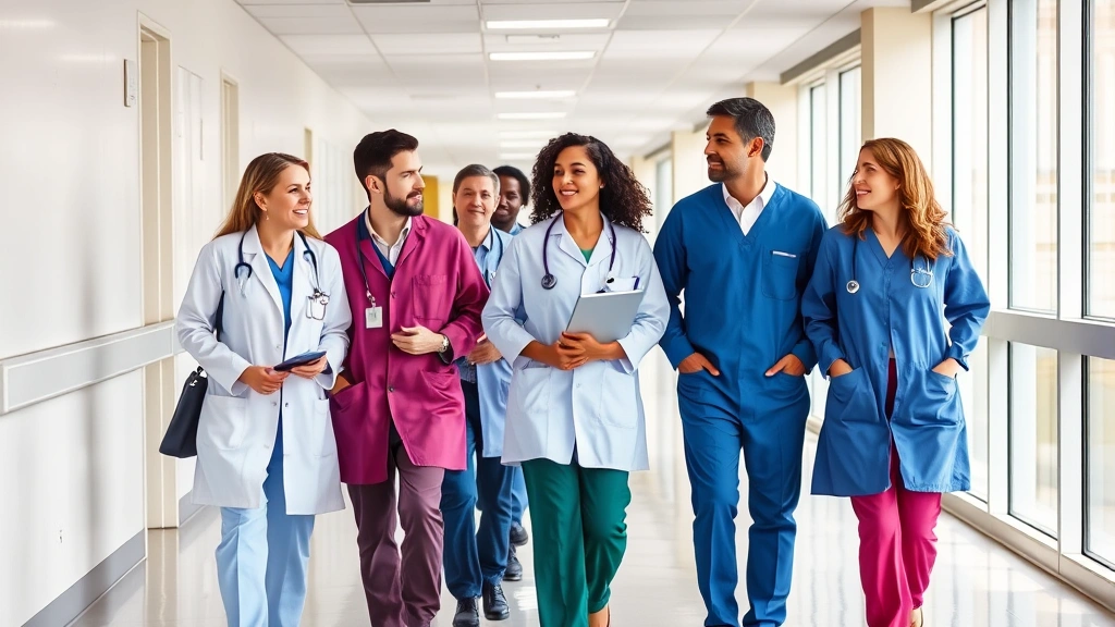 Team of diverse healthcare professionals in modern hospital corridor, walking together in discussion, natural light, collaborative atmosphere, professional attire, engaged body language