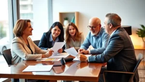 Professional multi-generational family meeting with a financial advisor at modern office desk with charts and documents, warm lighting, confident expressions, focus on trust and partnership