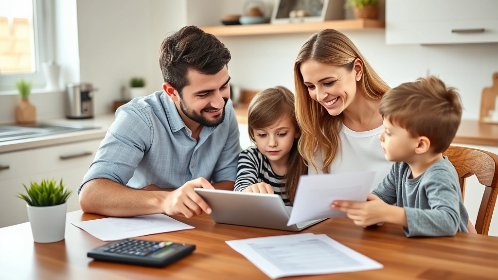 Parents and teenage children reviewing household budget together on tablet at kitchen table, collaborative atmosphere, natural daylight, papers and calculator visible, educational moment