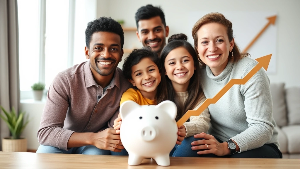 Diverse family celebrating financial milestone with piggy bank and upward growth chart in background, genuine happiness, home setting, representing wealth accumulation progress and achievement