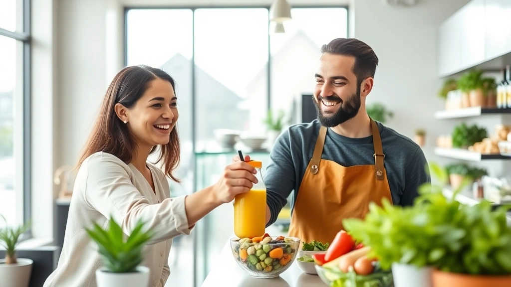 Prosperous entrepreneur in modern health bar, smiling while serving nutritious smoothie bowl to satisfied customer, bright natural lighting, contemporary minimalist interior design, wealth-building success atmosphere