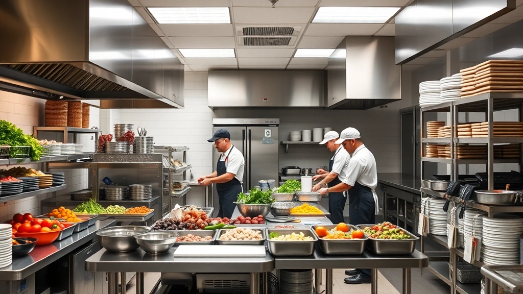 Organized commercial kitchen with professional equipment, fresh ingredients displayed, efficient workflow systems visible, staff collaborating productively, successful business operations environment