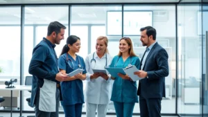 Professional healthcare workers collaborating in modern office environment with digital health technology displays, diverse team discussing patient data analysis and care improvement strategies