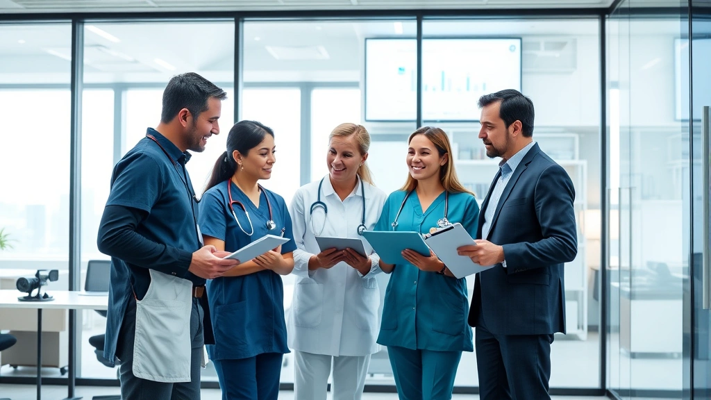 Professional healthcare workers collaborating in modern office environment with digital health technology displays, diverse team discussing patient data analysis and care improvement strategies
