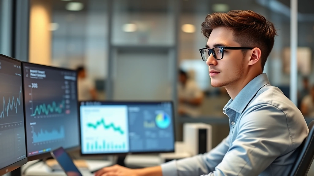 Young professional in business casual attire working at desk with multiple monitors displaying healthcare analytics dashboards, focused expression suggesting data analysis and healthcare technology work