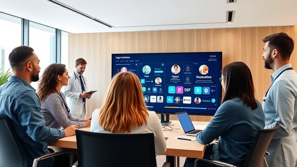 Team of healthcare professionals and engineers in modern conference room reviewing digital health solutions on large screen, diverse group engaged in collaborative healthcare innovation discussion