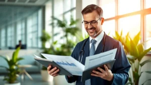 Professional healthcare worker in modern hospital setting reviewing financial documents and investment portfolio on tablet, confident expression, natural lighting, modern workspace with plants