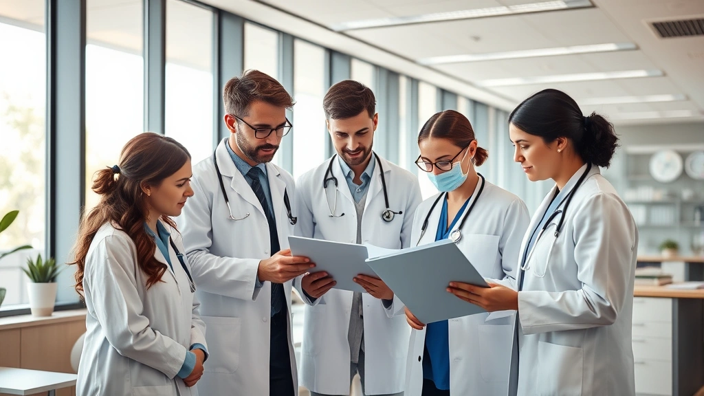 Diverse group of healthcare professionals in modern clinic environment collaborating on digital health records, natural daylight through large windows, contemporary medical office atmosphere