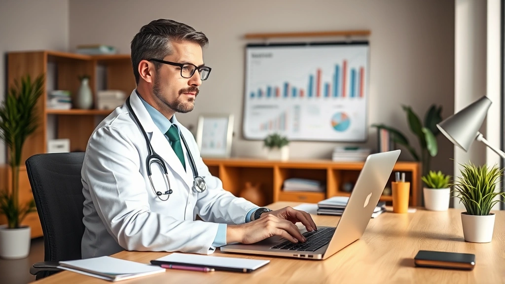 Healthcare professional at desk working on laptop with financial charts visible in background, professional business attire, organized modern home office, warm natural lighting