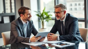 Professional financial advisor consulting with client in modern office discussing wellness spending and investment portfolio, natural lighting, both wearing business attire, documents and tablet visible on desk