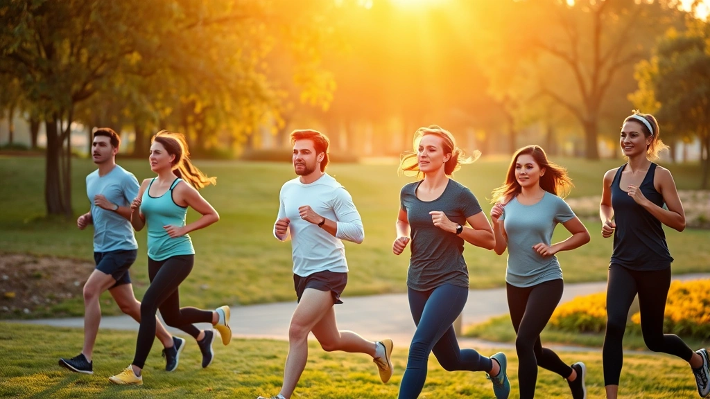 Diverse group of people exercising outdoors in park during sunrise, jogging and stretching, natural healthy lifestyle, vibrant morning light, trees and green spaces in background