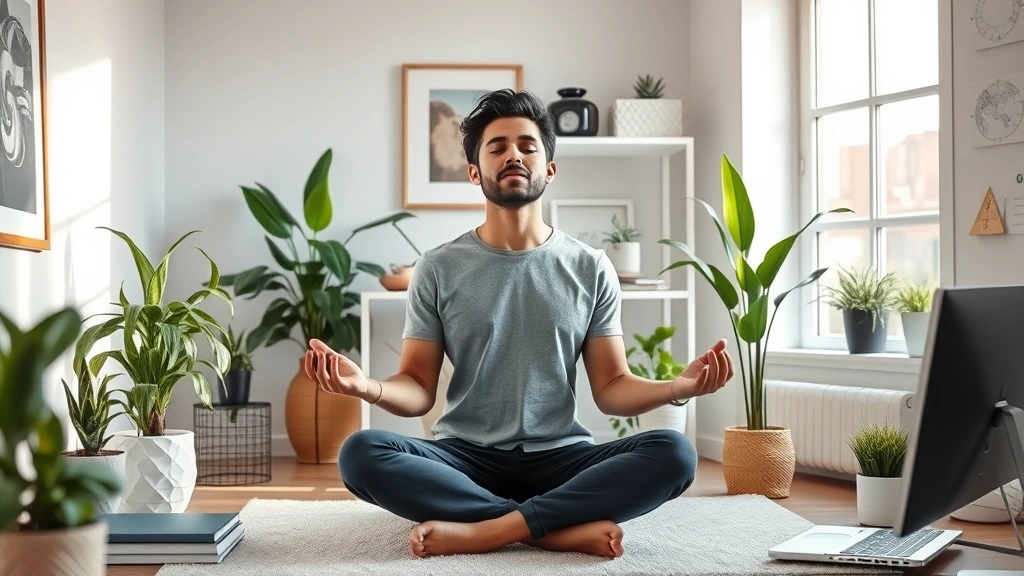 Affluent individual meditating peacefully in minimalist home office with plants, natural window light, organized workspace, representing balanced wellness and wealth mindset
