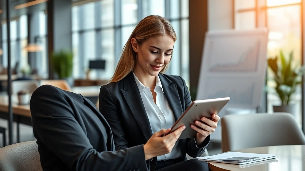 Professional business woman reviewing financial charts and investment portfolio on tablet in modern office environment, sophisticated wealth management setting with confidence