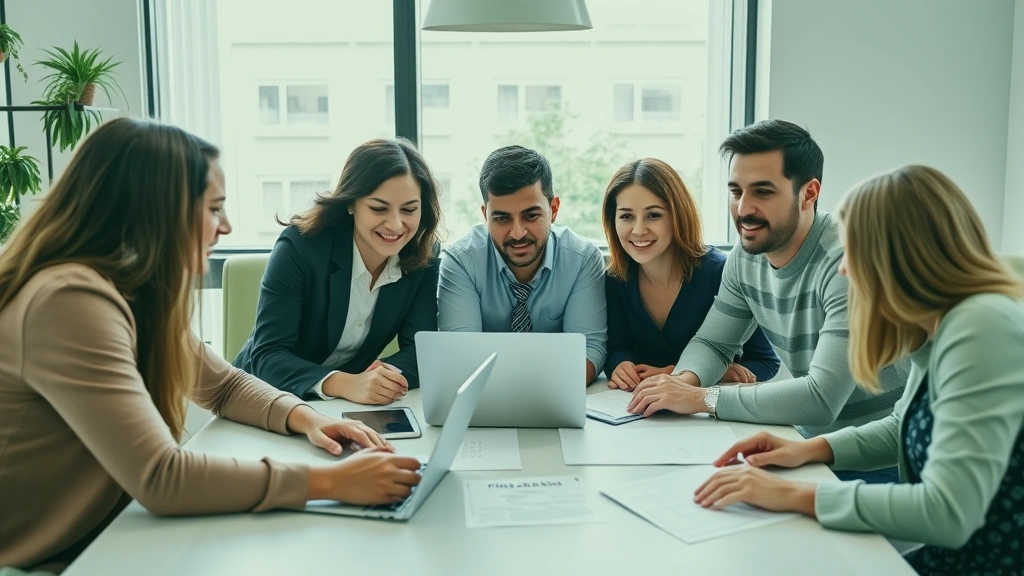 Diverse group of people discussing financial goals around table with laptop and documents, collaborative wealth planning session with positive energy and determination