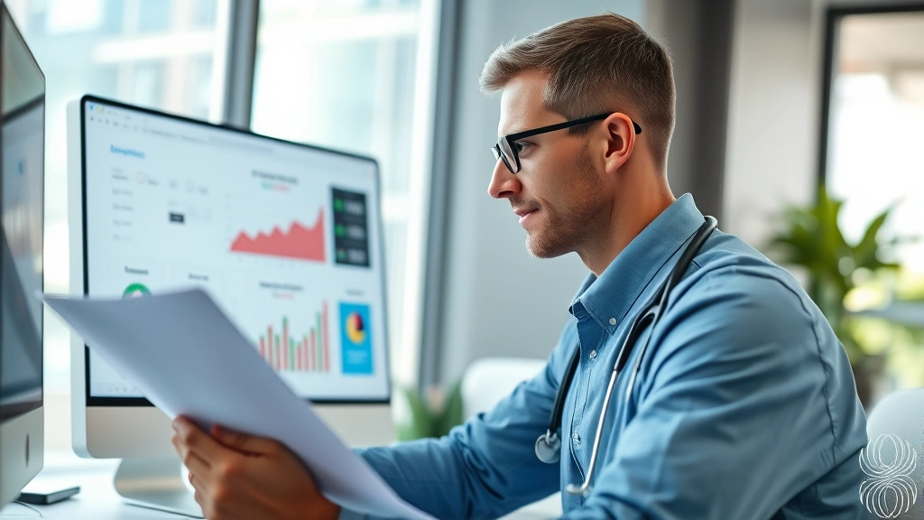 Professional healthcare worker in modern office environment reviewing financial documents and investment portfolio on computer screen, natural lighting, focused expression