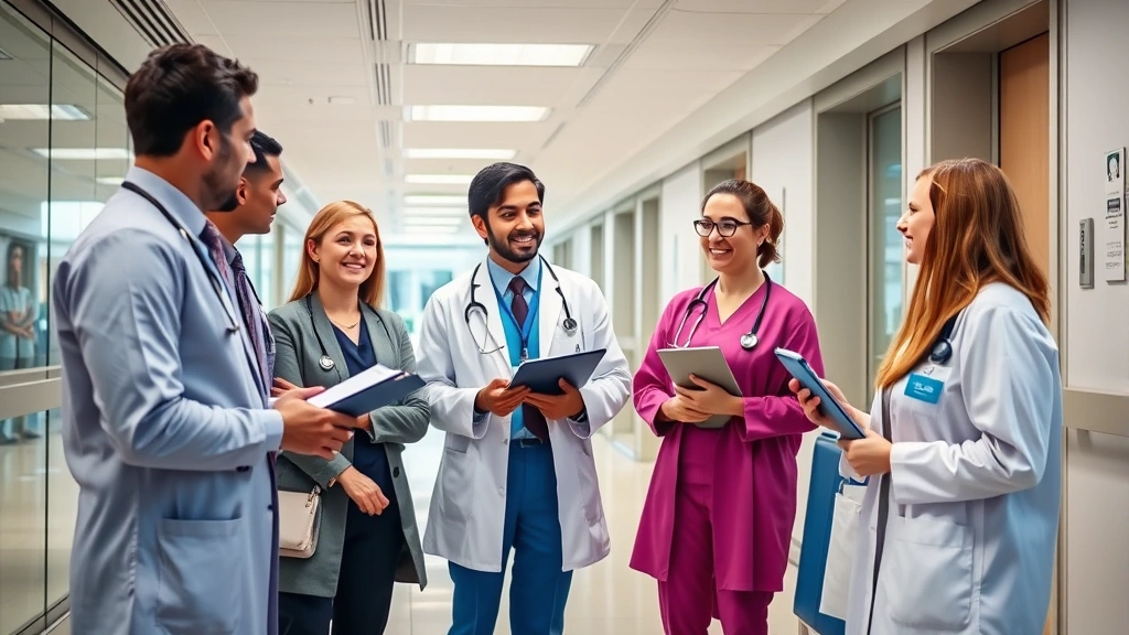 Diverse group of healthcare professionals in modern hospital setting having collaborative discussion about career advancement and financial planning, warm professional atmosphere