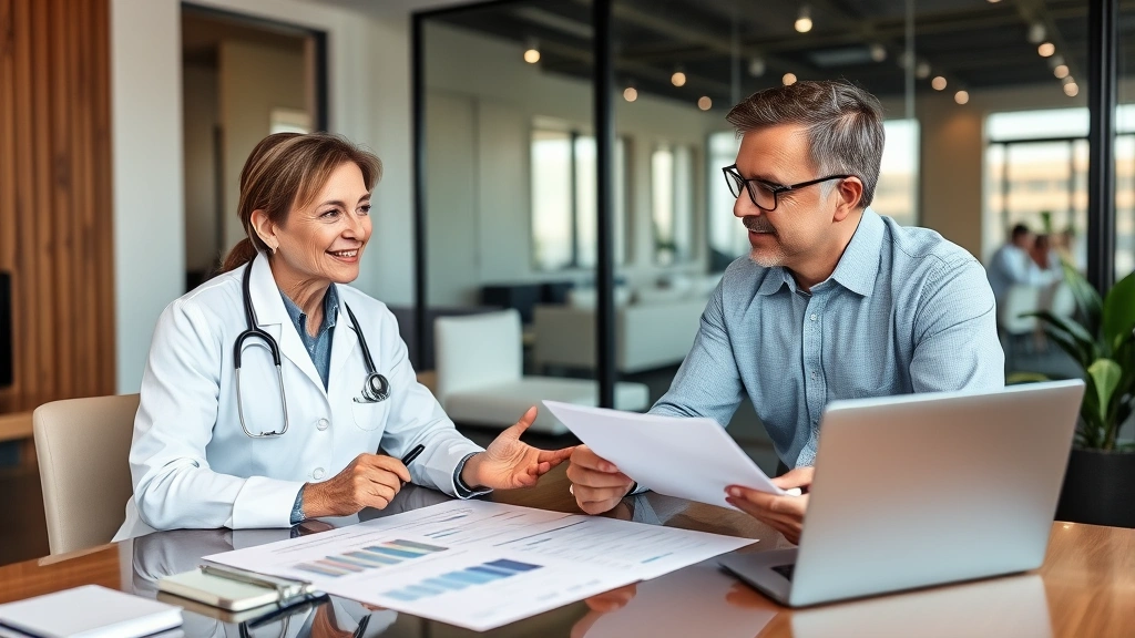 Healthcare professional meeting with financial advisor in contemporary office, reviewing retirement and investment plans with charts and documents on desk, confident and engaged
