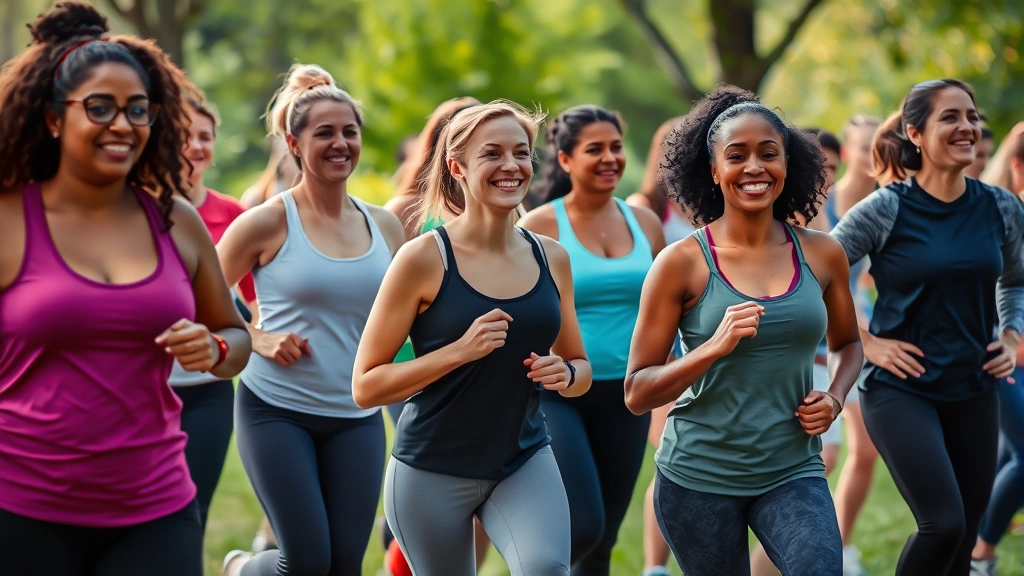 Diverse group of women in casual athletic wear at outdoor wellness event or park gathering, smiling and engaged in movement, representing community health and wellness investment in Grand Rapids