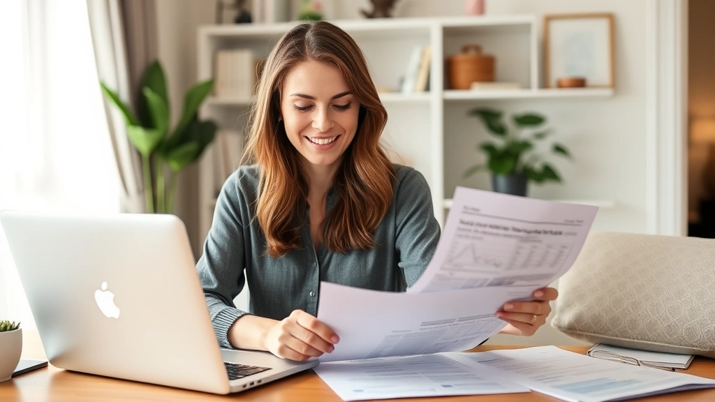 Woman reviewing financial documents and health insurance papers at home desk with laptop, organized and confident, representing integrated health and wealth planning strategy
