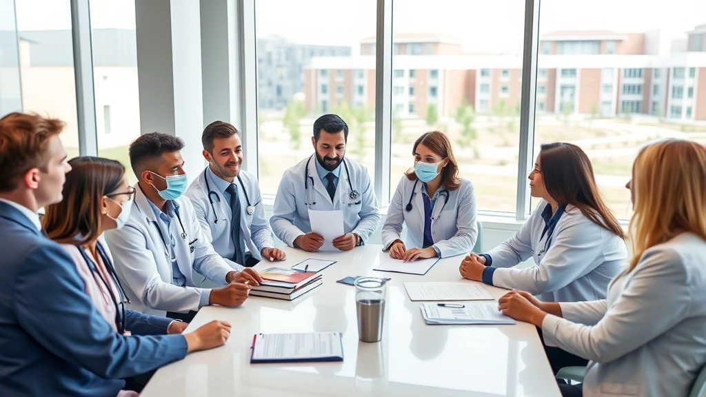 Diverse team of healthcare professionals in Great Lakes Bay medical facility collaborating during meeting, discussing career advancement and financial planning, professional attire, modern conference room with windows overlooking healthcare campus