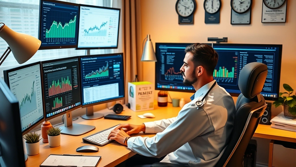 Healthcare professional sitting at home office desk with multiple monitors displaying investment dashboards, retirement planning software, and financial statements, warm lighting, organized workspace with medical credentials on wall