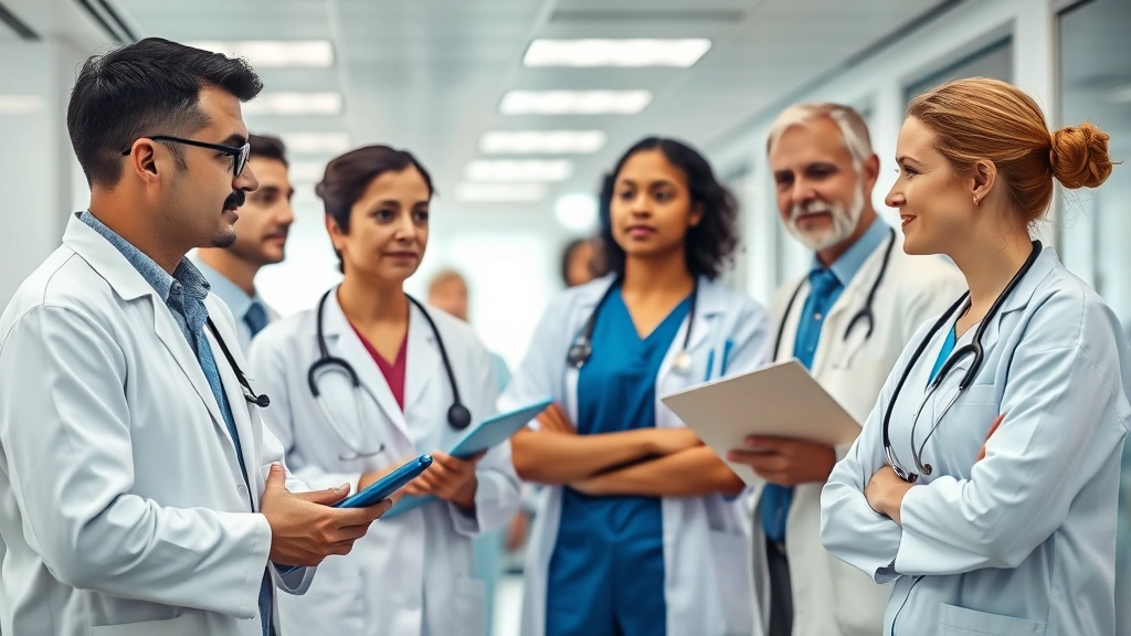 Diverse group of healthcare professionals including doctors and nurses in clinical setting, modern hospital environment, collaborative interaction, representing quality provider networks