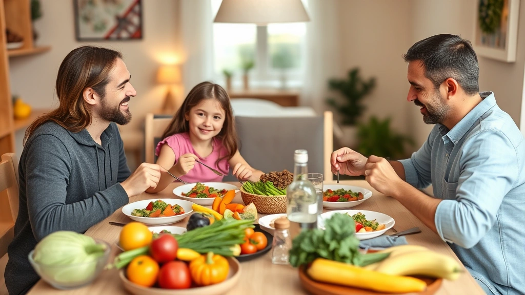 Family of four having healthy meal together at dining table, fresh vegetables and fruits visible, warm home setting, wellness and preventive care lifestyle
