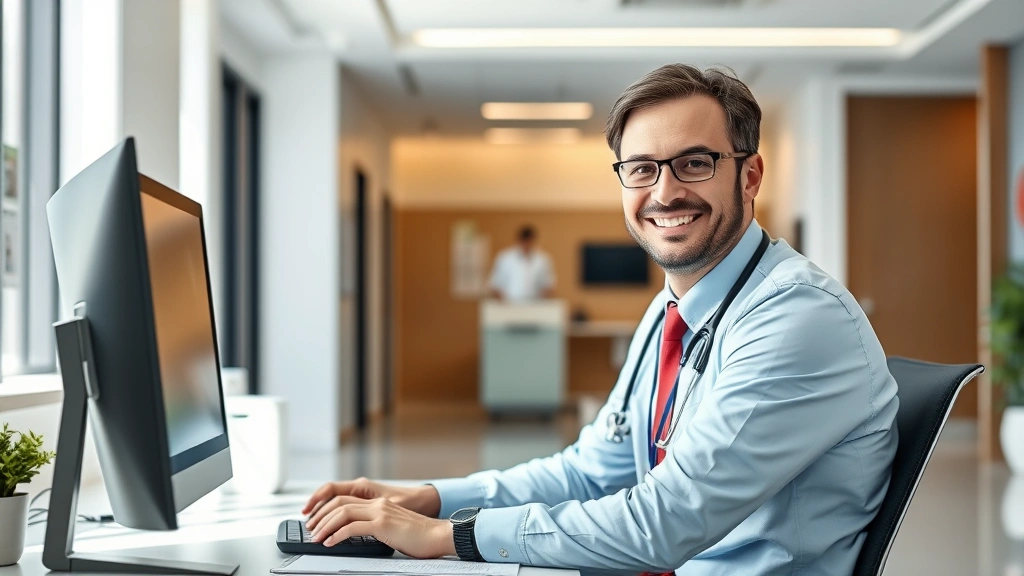 Professional health administrator in modern hospital office working at desk with computer, natural daylight, confident expression, modern healthcare facility background, professional business attire