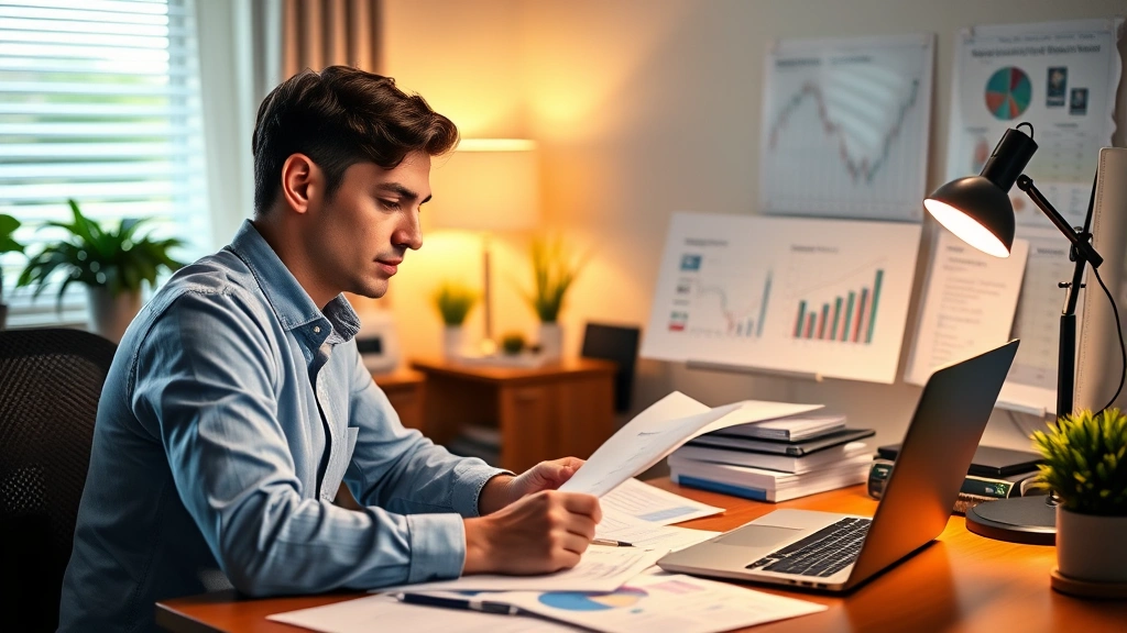 Young professional reviewing financial documents and investment portfolio at home office desk with laptop, organized workspace, charts and papers, focused expression, warm lighting