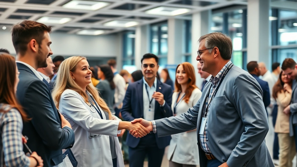 Healthcare professional networking at industry conference, shaking hands with colleagues, modern conference center setting, business casual attire, collaborative atmosphere, diverse professionals