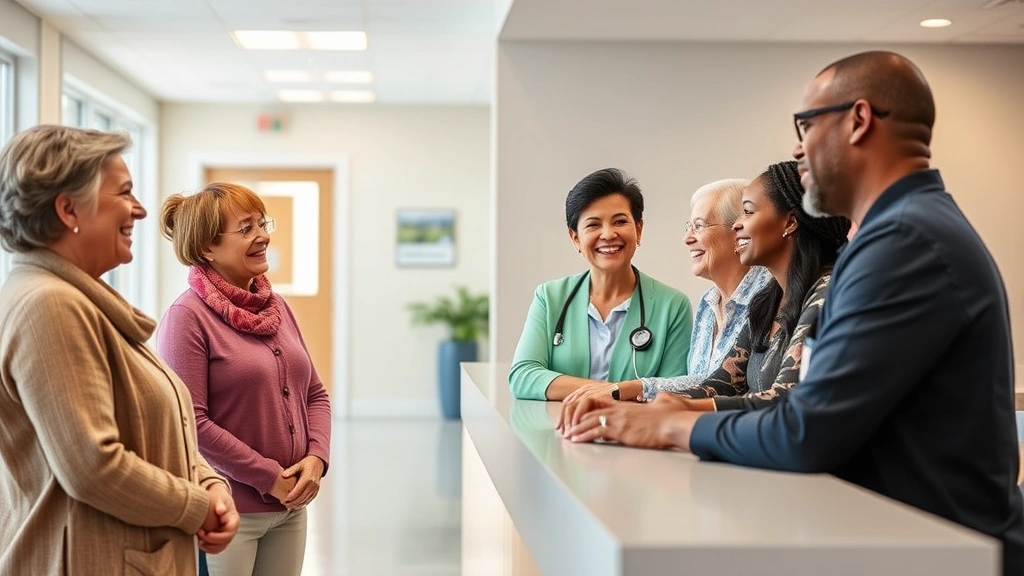 Middle-aged diverse patients in community health center reception area, smiling while speaking with professional healthcare navigators at desk, modern comfortable clinic environment, welcoming colors
