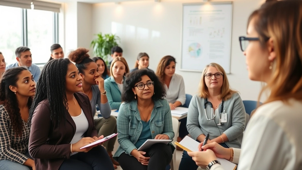 Group of healthcare professionals and community members at wellness education workshop, people taking notes and engaging with presenter, diverse demographics, bright inclusive classroom setting