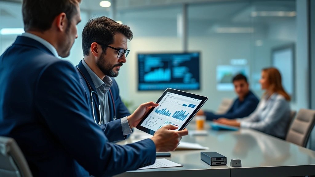 Male health data analyst reviewing analytics charts on tablet device in hospital conference room with colleagues discussing healthcare metrics and performance indicators