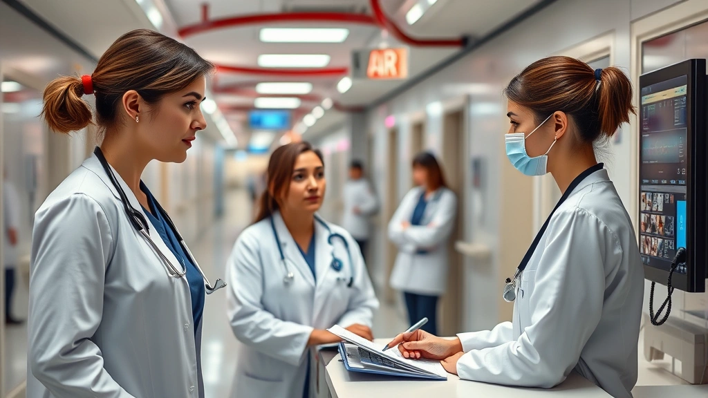Female clinical informatics specialist implementing EHR system, consulting with medical team at nurse station in busy hospital corridor with modern technology infrastructure visible