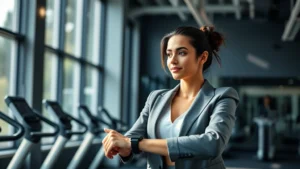 Professional woman in business attire exercising in modern gym with natural sunlight, confident posture, health tracking watch visible, embodying successful wealth-building mindset