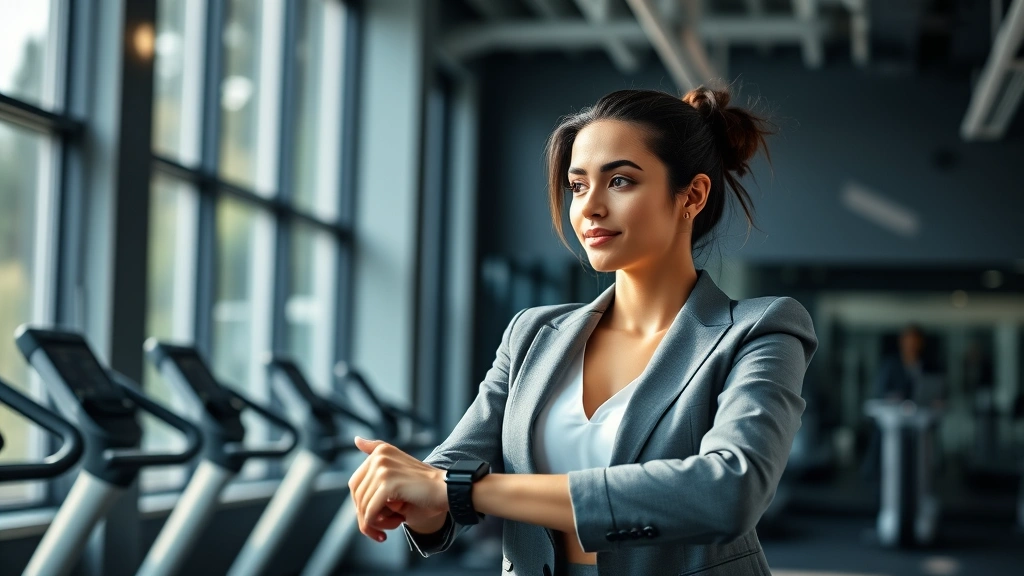 Professional woman in business attire exercising in modern gym with natural sunlight, confident posture, health tracking watch visible, embodying successful wealth-building mindset