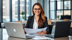 Professional woman in business casual attire reviewing wellness program documents at modern office desk with laptop and health charts, natural lighting from large windows, confident expression