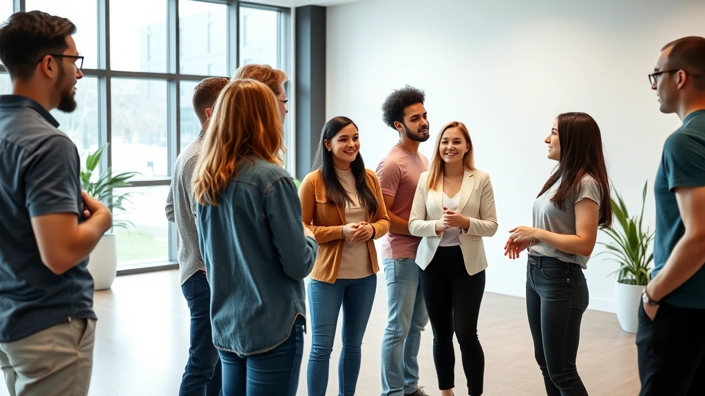 Diverse group of young professionals in wellness center facility, engaged in collaborative discussion around wellness initiatives, modern minimalist interior with health-focused atmosphere