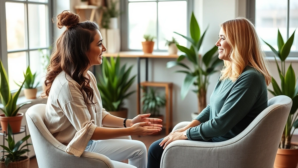 Successful wellness entrepreneur in private practice office, working with client on health coaching session, warm professional setting with plants and natural lighting, showing positive rapport