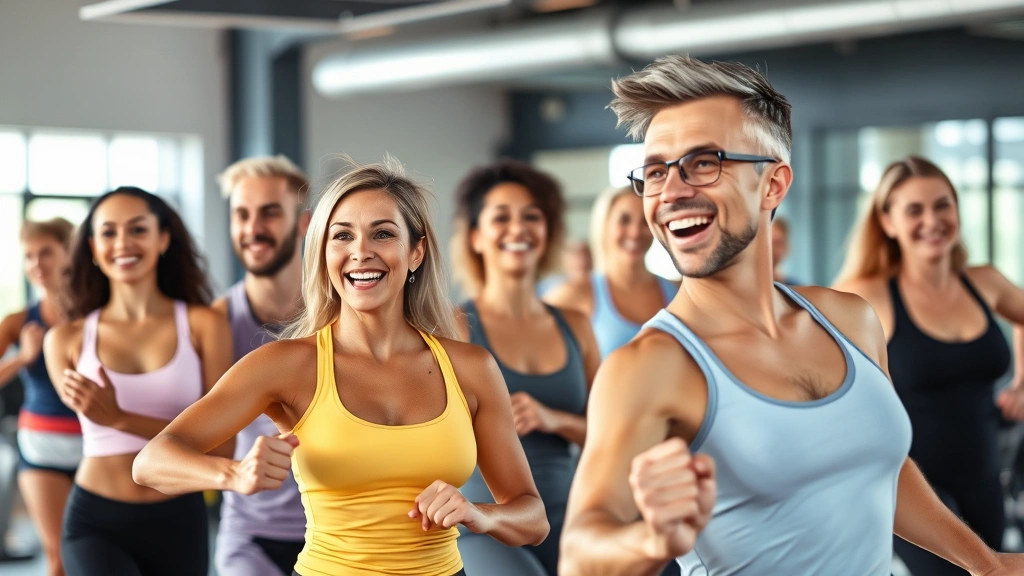 Diverse group of adults exercising together in a modern fitness facility with natural lighting, smiling and engaged, representing community wellness and health investment