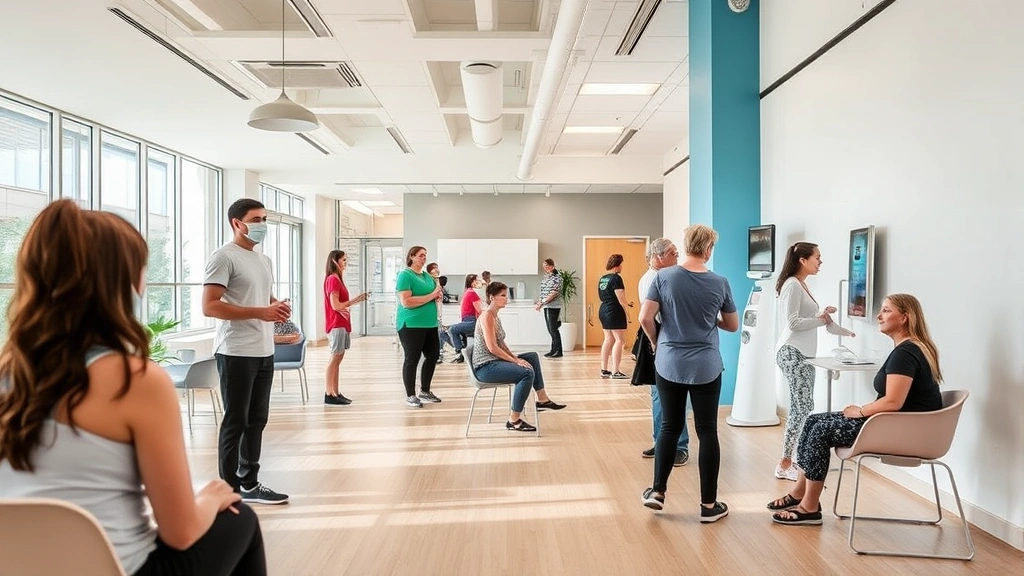 Modern health and wellness center interior with people participating in various activities like fitness, nutrition counseling, and health screenings in bright, welcoming spaces