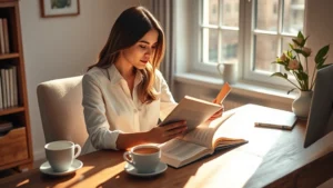 Professional woman reading health book at wooden desk with morning coffee, natural sunlight streaming through window, peaceful home office setting, warm tones