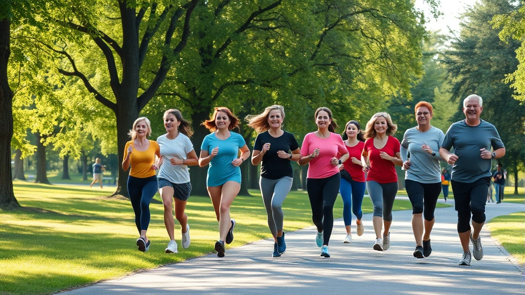 Diverse group of people exercising outdoors in park, jogging together on path with trees, healthy active lifestyle, morning sunshine, community wellness