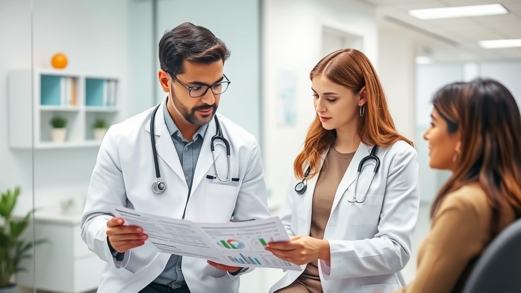 Medical professional in white coat reviewing wellness charts and health data with patient, modern clinic office, collaborative healthcare conversation, professional setting