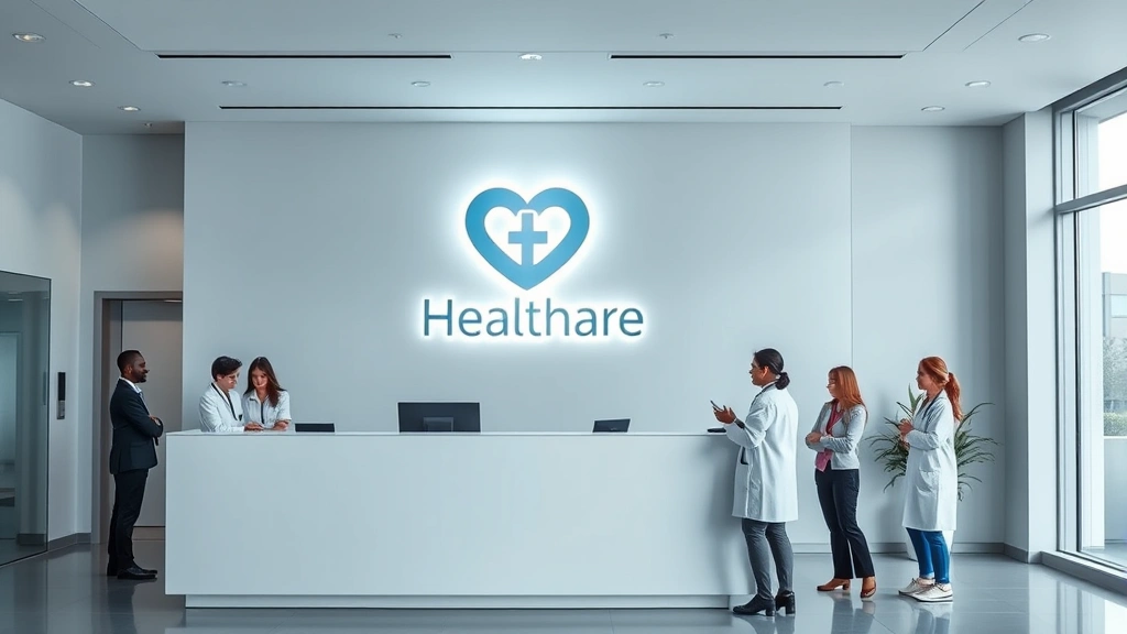 Professional modern medical clinic reception desk with illuminated healthcare logo on wall, welcoming atmosphere, natural lighting, diverse staff members in white coats, clean contemporary design