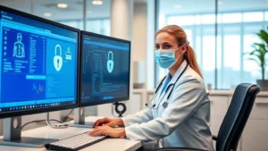 Professional healthcare worker securely accessing encrypted patient records on a desktop computer with dual monitors, showing confident cybersecurity practices in a modern medical office environment