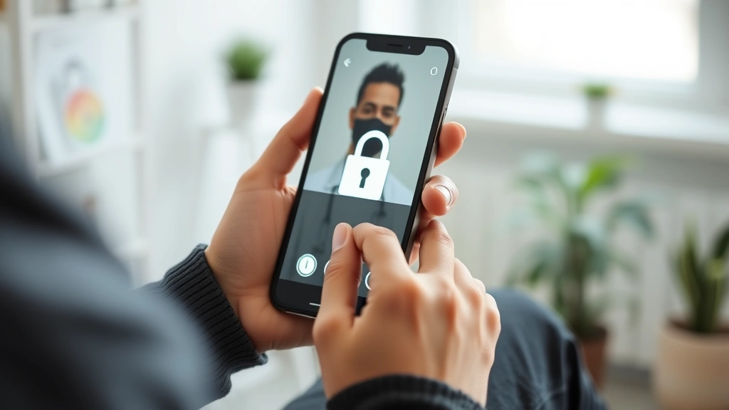 Person using smartphone with padlock security icon visible, representing encrypted telehealth consultation on a secure connection from home office with privacy features highlighted