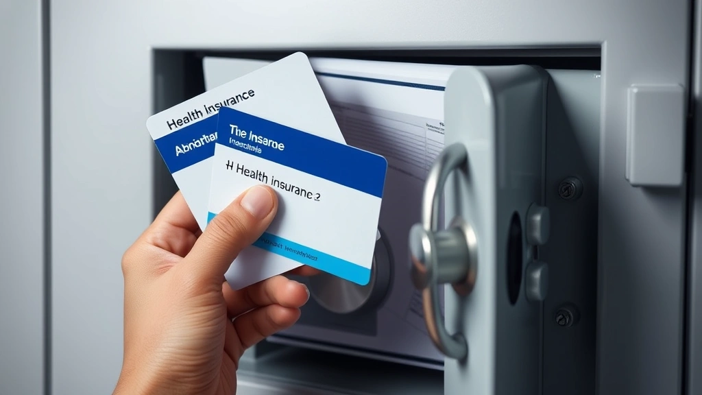 Close-up of hands holding health insurance cards and documents in a locked safe deposit box, symbolizing secure storage and protection of sensitive medical information and billing records