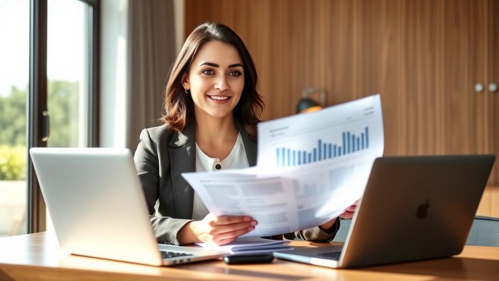 Professional woman reviewing financial portfolio documents at modern desk with laptop, natural sunlight, confident expression, wealth management concept